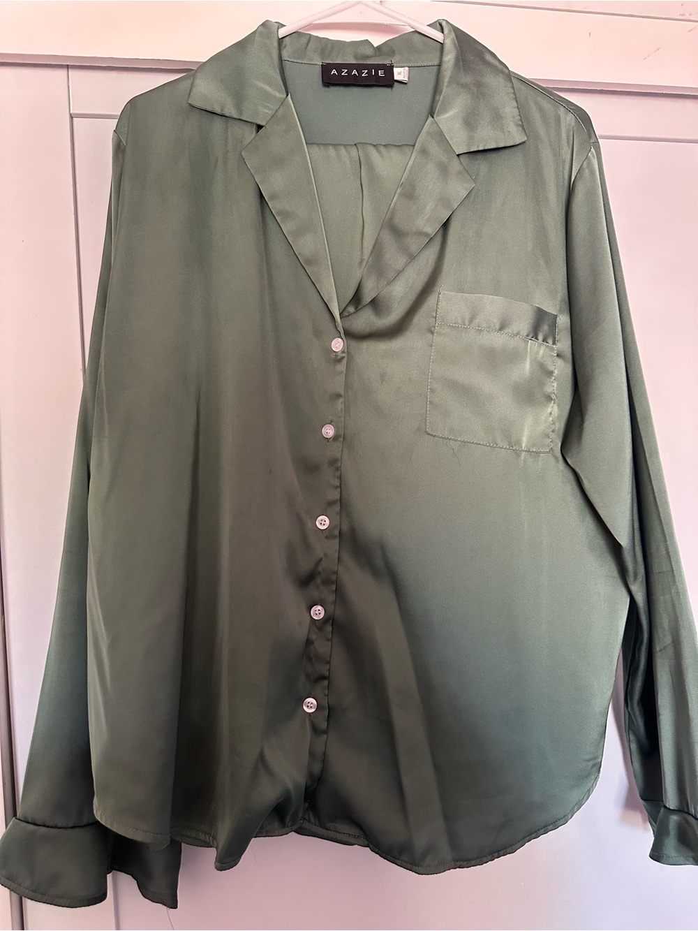 Azazie Olive Green Satin Button-Down Pajama Set